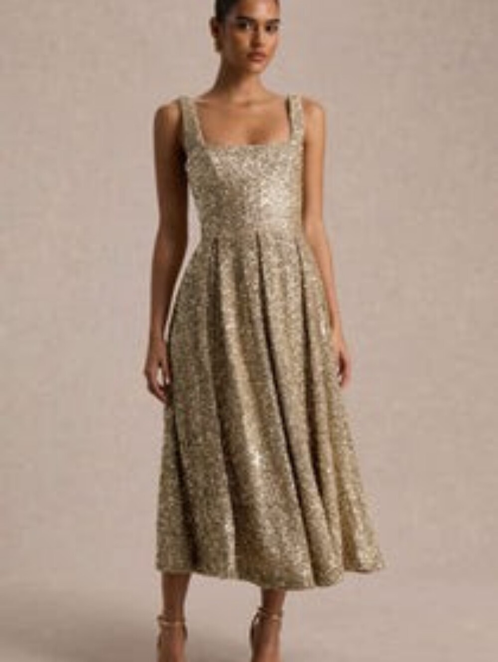 Champagne Sequin Square Neck A Line Midi Dress